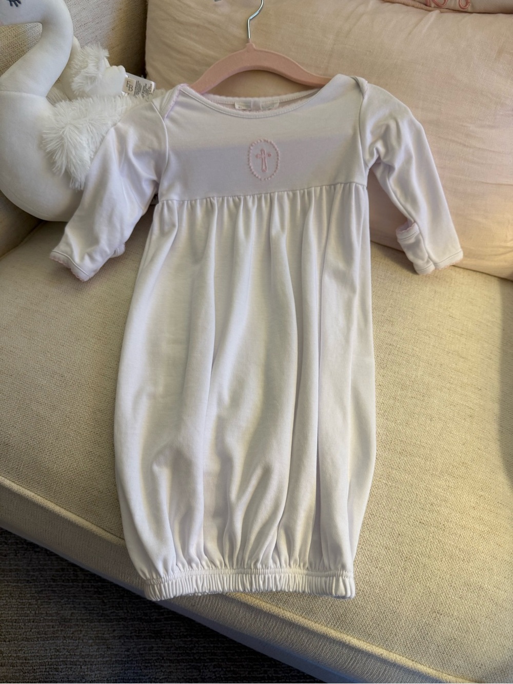 Classic White Infant Gown with Subtle Pink Embroidery